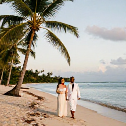 Caribbean Holidays, Jamaica Weddings July, A newlywed couple walking along a Jamaican beach after their wedding, with warm evening light, palm trees and calm Caribbean water