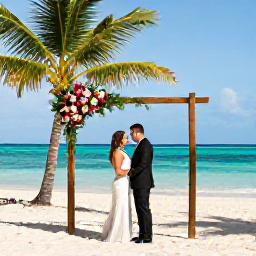 Caribbean Holidays, Jamaica Weddings July, A relaxed Jamaican beach wedding in July, with a couple standing beneath a simple floral arch, turquoise sea and palm trees behind them