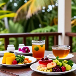 Caribbean Holidays, Jamaica Wellness Break, Fresh Jamaican fruit, colourful healthy dishes and herbal tea served on a shaded terrace overlooking tropical gardens