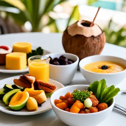 Caribbean Holidays, Jamaica Wellness Break, Healthy Jamaican breakfast with fresh tropical fruit, coconut, herbs and colourful local dishes on a shaded terrace