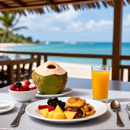 Caribbean Holidays, Jamaica Wellness Break, Healthy Jamaican breakfast with tropical fruit, coconut, fresh juice and traditional dishes served on a shaded terrace overlooking the sea