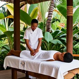 Caribbean Holidays, Jamaica Wellness Break, Open-air Jamaican spa treatment beside a tropical garden, natural wood, lush greenery and a relaxed guest receiving a massage