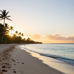 Caribbean Holidays, Jamaica Wellness Break, Peaceful Jamaican beach at sunrise in December, calm turquoise water, soft golden light and a quiet palm-lined shore
