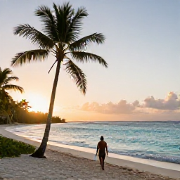 Caribbean Holidays, Jamaica Wellness Break, Peaceful Jamaican beach at sunrise in March, calm turquoise water, soft golden light and a relaxed traveller walking beside palm trees