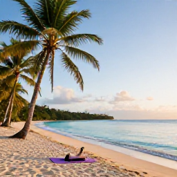 Caribbean Holidays, Jamaica Wellness Break, Peaceful Jamaican beach at sunrise with a yoga mat, palm trees and calm turquoise water