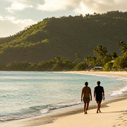 Caribbean Holidays, Jamaica Wellness Break, Quiet Jamaican beach with a couple walking barefoot beside the water, soft golden light and lush hills in the background
