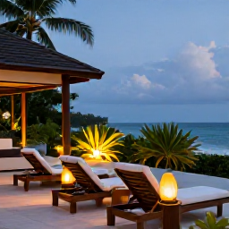 Caribbean Holidays, Jamaica Wellness Break, Quiet Jamaican resort terrace at dusk with comfortable loungers, warm lantern light, tropical plants and a view towards the Caribbean Sea