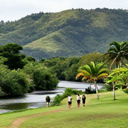 Caribbean Holidays, Jamaica Wellness Break, Relaxed Jamaican countryside scene with lush hills, a gentle river, tropical plants and visitors enjoying a peaceful nature walk