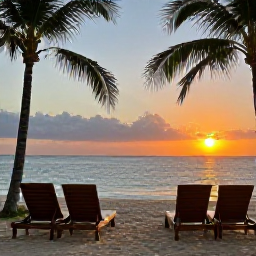 Caribbean Holidays, Jamaica Wellness Break, Relaxed Jamaican sunset over the sea, comfortable beach loungers, palm silhouettes and a peaceful evening atmosphere