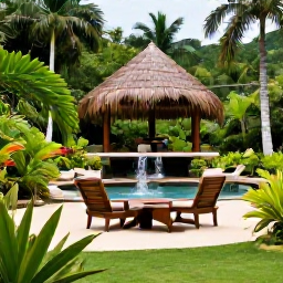 Caribbean Holidays, Jamaica Wellness Break, Relaxed Jamaican wellness retreat surrounded by tropical greenery, with a small waterfall and peaceful seating area