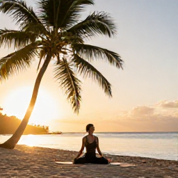 Caribbean Holidays, Jamaica Wellness Break, Traveller doing gentle yoga on a Jamaican beach at sunrise, palm trees, calm sea and warm natural light