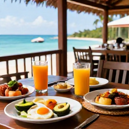 Caribbean Holidays, Jamaica Wellness Breaks, Healthy Jamaican breakfast with tropical fruit, avocado, fresh juice and local dishes on a sunny open-air restaurant terrace