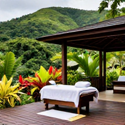 Caribbean Holidays, Jamaica Wellness Breaks, Outdoor Jamaican wellness retreat surrounded by lush green hills, tropical plants, wooden deck and open-air treatment space