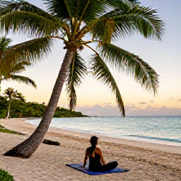 Caribbean Holidays, Jamaica Wellness Breaks, Quiet Jamaican beach at sunrise in November, calm turquoise sea, palm trees and a comfortable yoga area on the sand