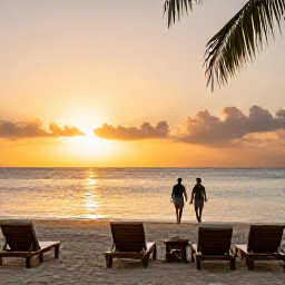 Caribbean Holidays, Jamaica Wellness Breaks, Relaxed Jamaican coastline at sunset with a couple walking beside the sea, quiet resort loungers and warm golden light