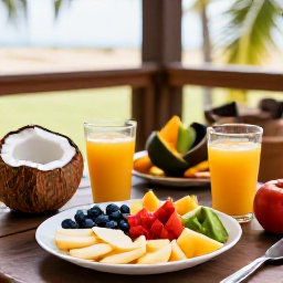 Caribbean Holidays, Jamaica Wellness, Colourful healthy Jamaican breakfast with tropical fruit, coconut, fresh juice and traditional island ingredients on a shaded veranda