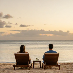 Caribbean Holidays, Jamaica Wellness, Couple relaxing on a quiet Jamaican beach at sunset, calm sea, warm sky and comfortable loungers