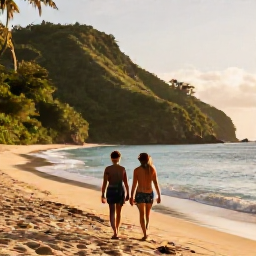 Caribbean Holidays, Jamaica Wellness, Couple walking slowly along a quiet Jamaican coastline in May, golden afternoon light, lush hills and calm Caribbean sea