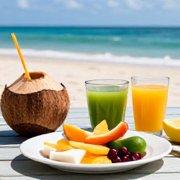 Caribbean Holidays, Jamaica Wellness, Healthy Jamaican breakfast with fresh tropical fruit, coconut, natural juices and a relaxed seaside table