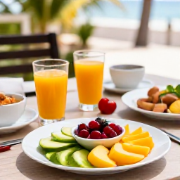 Caribbean Holidays, Jamaica Wellness, Healthy Jamaican breakfast with fresh tropical fruit, natural juice and local ingredients on a shaded terrace