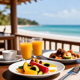 Caribbean Holidays, Jamaica Wellness, Healthy Jamaican breakfast with tropical fruit, avocado, fresh juice and local dishes served on a shaded terrace overlooking the sea