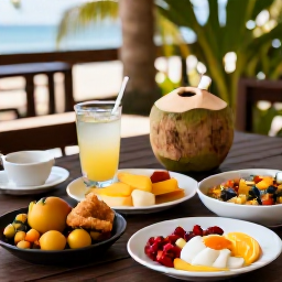Caribbean Holidays, Jamaica Wellness, Healthy Jamaican breakfast with tropical fruit, coconut water and colourful local dishes on a shaded terrace