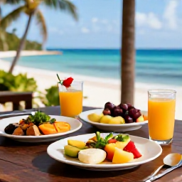 Caribbean Holidays, Jamaica Wellness, Healthy Jamaican breakfast with tropical fruit, fresh juice and local dishes on a shaded terrace overlooking the sea