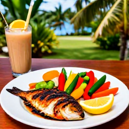 Caribbean Holidays, Jamaica Wellness, Healthy Jamaican meal with fresh fruit, colourful vegetables, grilled fish and local ingredients served beside a tropical garden