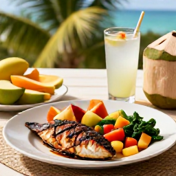 Caribbean Holidays, Jamaica Wellness, Healthy Jamaican meal with fresh tropical fruit, grilled fish, colourful vegetables and coconut water on a shaded terrace