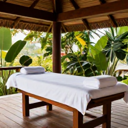 Caribbean Holidays, Jamaica Wellness, Jamaican spa treatment in a tranquil open-air pavilion, tropical greenery, natural wood and soft daylight