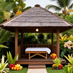 Caribbean Holidays, Jamaica Wellness, Jamaican wellness retreat surrounded by tropical gardens, wooden treatment pavilion, fresh fruit and a relaxed guest resting outdoors