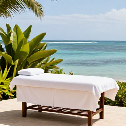 Caribbean Holidays, Jamaica Wellness, Open-air Jamaican spa beside the sea with a massage table, tropical plants and calm blue water