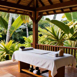 Caribbean Holidays, Jamaica Wellness, Open-air Jamaican spa surrounded by lush tropical gardens, massage treatment area, natural wood details and peaceful daylight