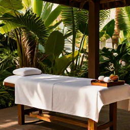 Caribbean Holidays, Jamaica Wellness, Open-air Jamaican spa surrounded by tropical greenery, massage treatment area, natural materials and soft morning light