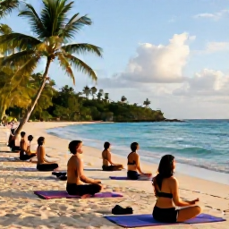Caribbean Holidays, Jamaica Wellness, Outdoor yoga class on a Jamaican beach, natural tropical surroundings, morning sunlight and calm Caribbean water