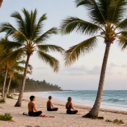 Caribbean Holidays, Jamaica Wellness, Outdoor yoga class on a Jamaican beach surrounded by palms, with soft morning light and a calm Caribbean backdrop