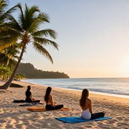 Caribbean Holidays, Jamaica Wellness, Outdoor yoga session on a Jamaican beach, mats facing the sea, tropical greenery and early morning light