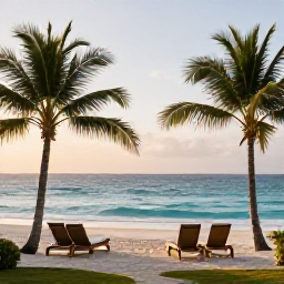 Caribbean Holidays, Jamaica Wellness, Peaceful Jamaican beach at sunrise in April, calm turquoise sea, palm trees and a comfortable wellness retreat setting