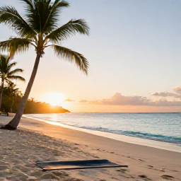 Caribbean Holidays, Jamaica Wellness, Peaceful Jamaican beach at sunrise in August, palm trees, calm turquoise water and a comfortable yoga mat on the sand