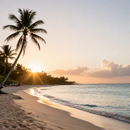 Caribbean Holidays, Jamaica Wellness, Peaceful Jamaican beach at sunrise in September, calm turquoise water, soft golden light and palm trees