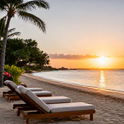 Caribbean Holidays, Jamaica Wellness, Peaceful Jamaican resort beach at sunset in May, comfortable loungers, calm water, tropical plants and a relaxed holiday mood