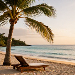 Caribbean Holidays, Jamaica Wellness, Quiet Jamaican beach at sunrise in January, soft golden light, calm turquoise sea and a comfortable lounger beneath palm trees