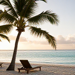 Caribbean Holidays, Jamaica Wellness, Quiet Jamaican beach at sunrise in June, calm turquoise sea, palm trees and a comfortable beach lounger