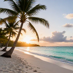 Caribbean Holidays, Jamaica Wellness, Quiet Jamaican beach at sunrise in May, turquoise Caribbean water, soft sand, palm trees and a peaceful wellness atmosphere