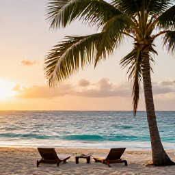 Caribbean Holidays, Jamaica Wellness, Quiet Jamaican beach at sunrise in October, soft golden light, calm turquoise sea, palm trees and a relaxed wellness atmosphere