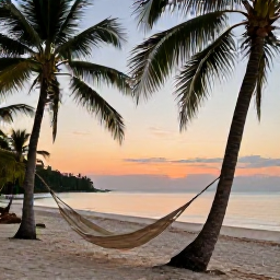 Caribbean Holidays, Jamaica Wellness, Quiet Jamaican beach in the early evening with soft sunset light, hammocks, palm trees and peaceful Caribbean atmosphere