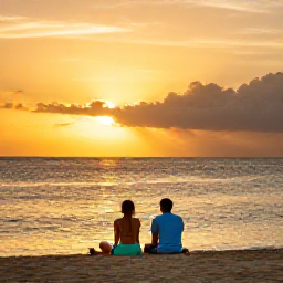 Caribbean Holidays, Jamaica Wellness, Quiet Jamaican sunset over the Caribbean Sea, couple relaxing on a secluded beach with warm golden light