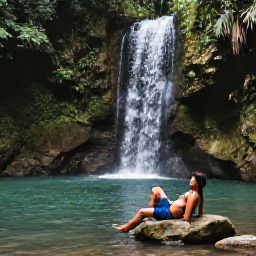 Caribbean Holidays, Jamaica Wellness, Quiet Jamaican waterfall surrounded by lush rainforest, a traveller relaxing on a rock beside clear water