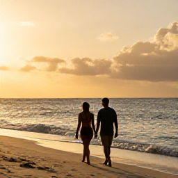 Caribbean Holidays, Jamaica Wellness, Relaxed couple walking barefoot along a quiet Jamaican beach at sunset, warm golden light and calm sea