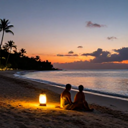 Caribbean Holidays, Jamaica Wellness, Relaxed Jamaican evening on a quiet beach, warm sunset, lanterns and a couple sitting peacefully near the water